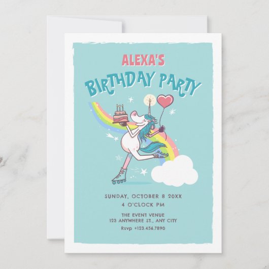 Invitation patins à rouleaux de licorne anniversaire (Devant)