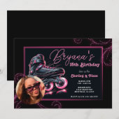 Invitation Patins à Roulettes Noir & Rose Glow Sparkle Annive (Devant / Derrière)