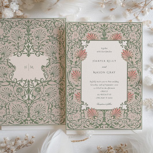 Invitation Patrimoine Vert et corail Rococo Mariage inspiré
