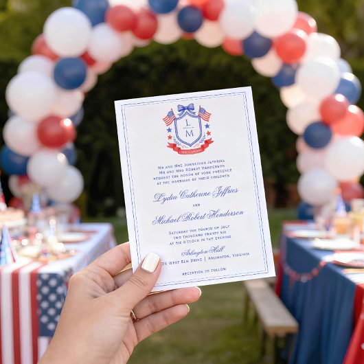 Invitation Patriotic Crest w/ US Flags | Monogram Wedding