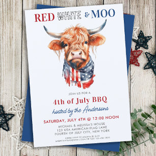 Invitation Patriotique Highland Cow Red White Moo 4 juillet
