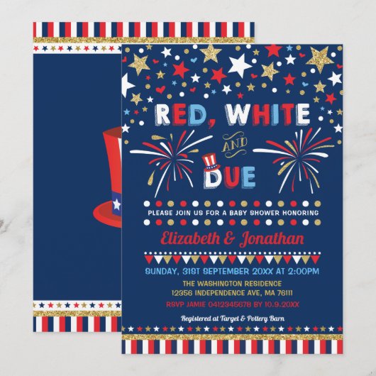 Invitation Patriotique Juillet 4 Baby shower Rouge Blanc dû (Devant / Derrière)