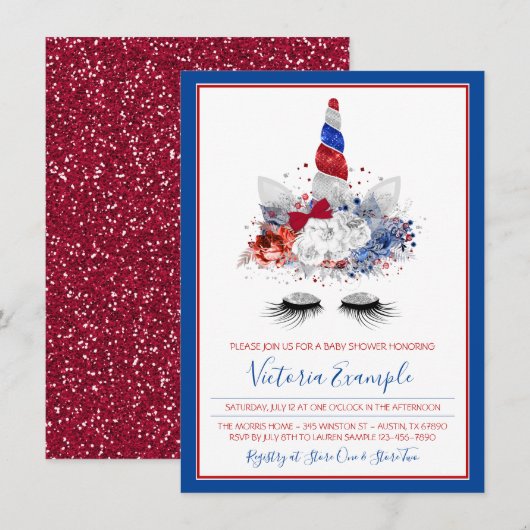Invitation Patriotique Unicorne Rouge Bleu Bleu Baby shower (Devant / Derrière)