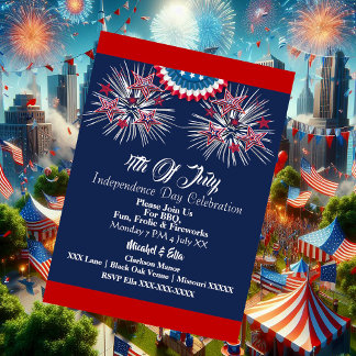 Invitation Patriotique US 4 Juillet Firecracker BBQ Party Blu