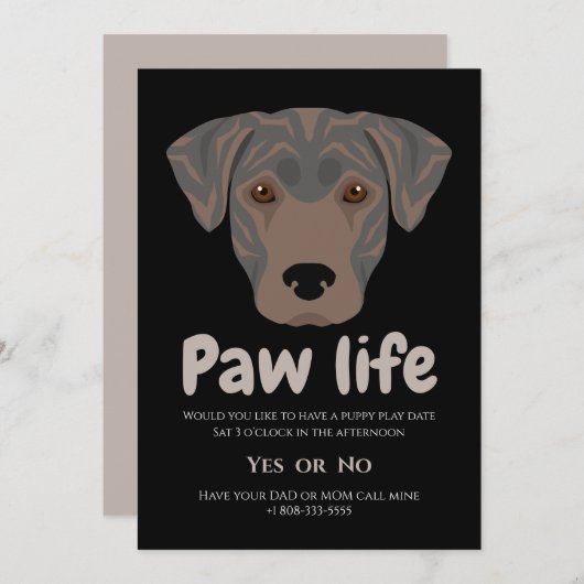 Invitation Patte de chien chiot mignon fête de vie (Devant / Derrière)