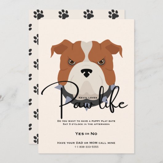 Invitation Patte de chien chiot mignon fête de vie  (Devant / Derrière)