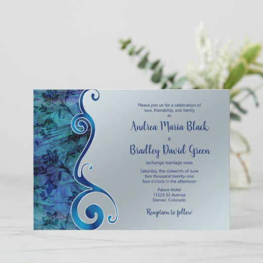 Invitation Paua Blue Silver Floral Scroll (Debout devant)