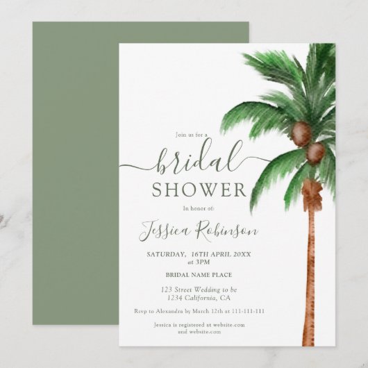 Invitation Paume tropicale aquarelle vert nuptiale (Devant / Derrière)