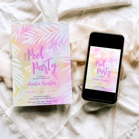 Invitation Paume tropicale piscine d'aquarelle Sweet 16