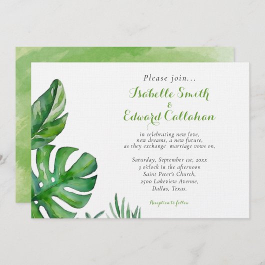 Invitation Paume vert tropicale Feuille Mariage (Devant / Derrière)