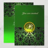 Invitation PAVÉ DE DAMAS PIERRE précieuse MONOGRAMME vert jau (Devant / Derrière)