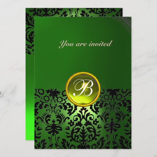 Invitation PAVÉ DE DAMAS PIERRE précieuse MONOGRAMME vert jau (Devant / Derrière)