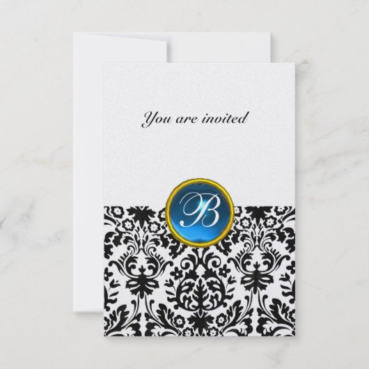 Invitation PAVÉ GEMME MONOGRAMME saphir glace bleu rsvp (Devant)