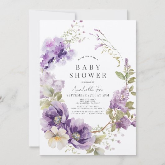Invitation Pavot pourpre et Baby shower floral Lilac (Devant)