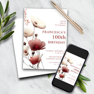 Invitation Pavot rose et blanc 100e anniversaire