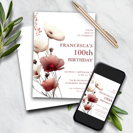 Invitation Pavot rose et blanc 100e anniversaire