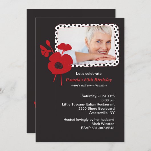 Invitation Pavot rouge à l'invitation noire de photo (Devant / Derrière)