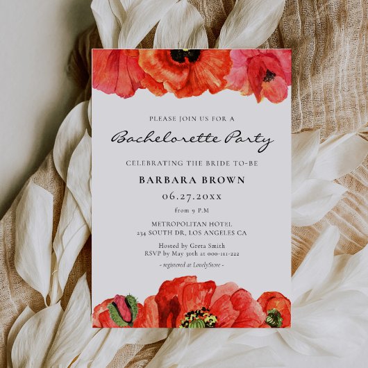 Invitation Pavot rouge aquarelle Bachelorette Party