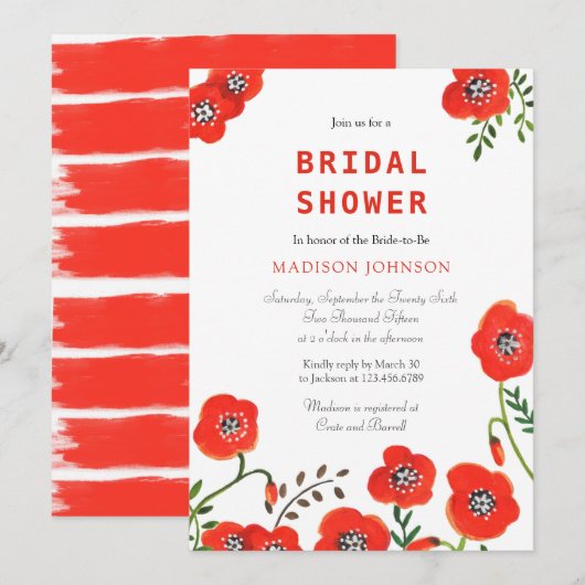 Invitation pavot rouge floral moderne mariage douche nuptiale (Devant / Derrière)