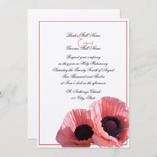 Invitation Pavots corail (Devant / Derrière)