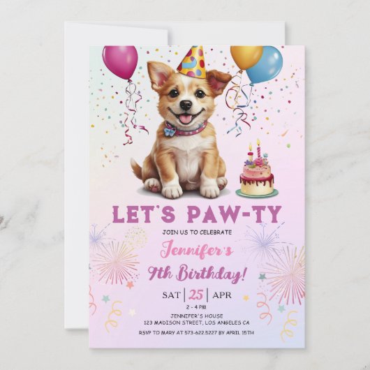 Invitation Pawty 9e anniversaire Chien Chien Chien Chiot Fête (Devant)