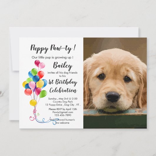 Invitation Pawty à chiot mignonette - Pet Photo Puppy Anniver (Devant)