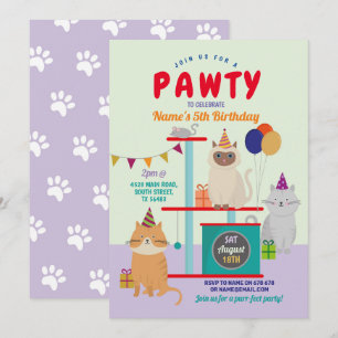 Invitation Pawty Anniversaire Chat Kitten Paw Fun Purple