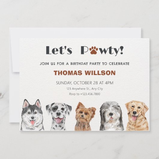 Invitation Pawty avec les chiens mignons anniversaire (Devant)