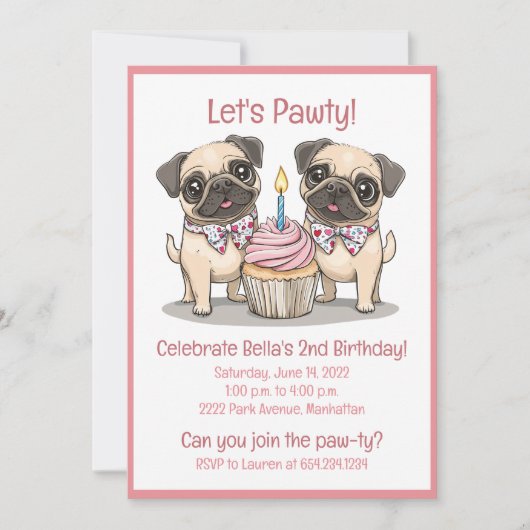 Invitation Pawty Birthday Carlin Dogs Cupcake (Devant)