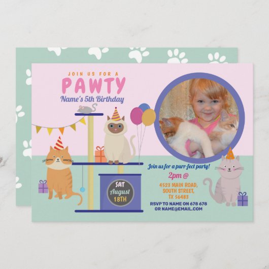 Invitation Pawty Birthday Chat Kitten Paw Girls Fun Photo (Devant / Derrière)