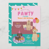 Invitation Pawty Birthday Chiens Party Puppy Fun Rose (Devant / Derrière)