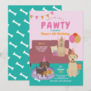 Invitation Pawty Birthday Chiens Party Puppy Fun Rose