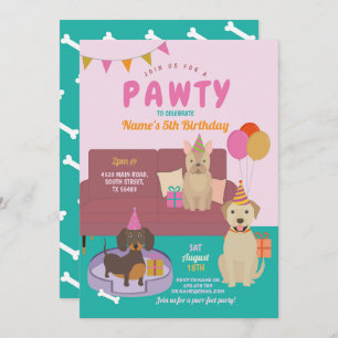 Invitation Pawty Birthday Dogs Party Puppy Fun rose