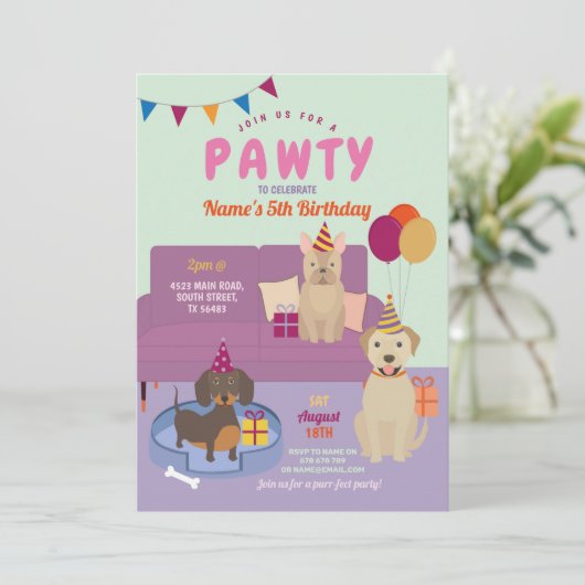 Invitation Pawty Birthday Dogs Party Puppy s'amuse violette (Debout devant)