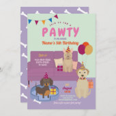 Invitation Pawty Birthday Dogs Party Puppy s'amuse violette (Devant / Derrière)