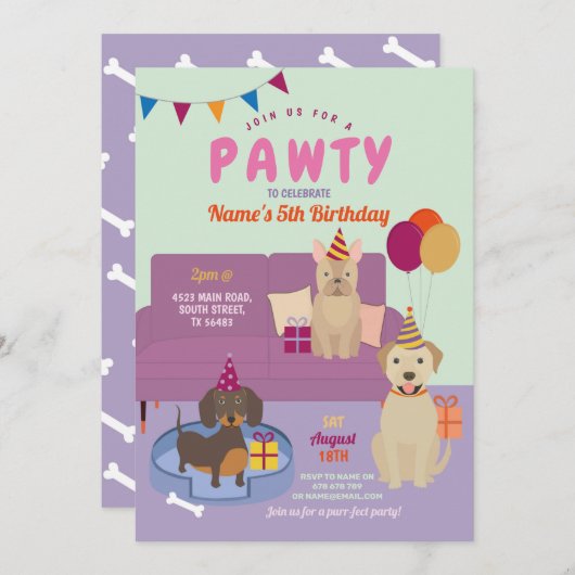 Invitation Pawty Birthday Dogs Party Puppy s'amuse violette (Devant / Derrière)