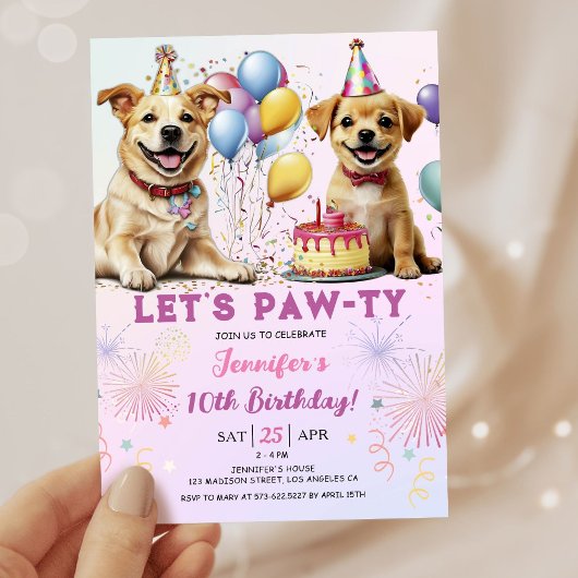 Invitation Pawty chiot fête anniversaire fille 10e anniversai