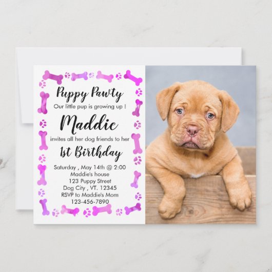 Invitation Pawty Chiot - Fille Rose Pet - Chien Anniversaire  (Devant)