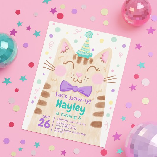 Invitation Pawty Cute Kitty Cat Visage Anniversaire