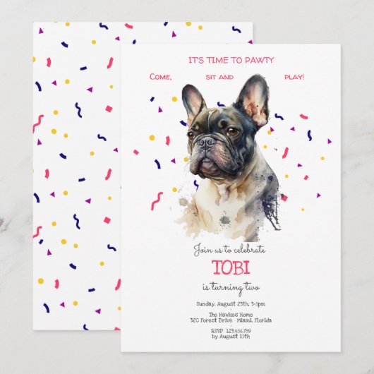 Invitation Pawty, fête d'anniversaire de chien (Devant / Derrière)