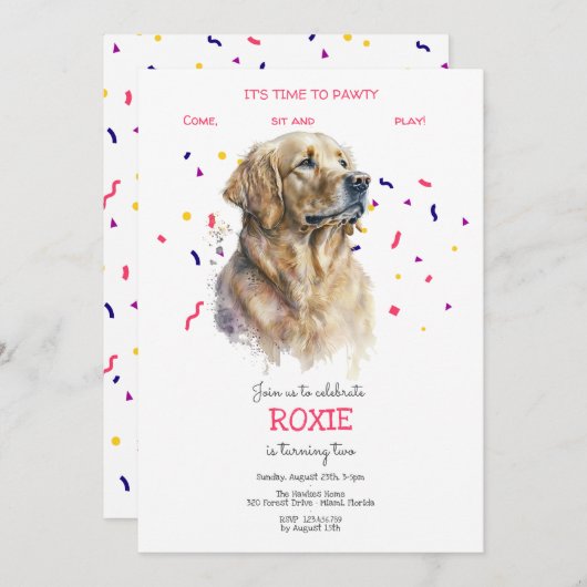 Invitation Pawty, fête d'anniversaire de chien (Devant / Derrière)