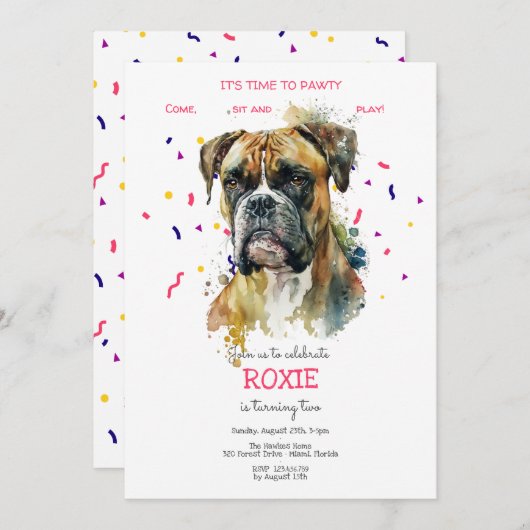 Invitation Pawty, fête d'anniversaire de chien (Devant / Derrière)