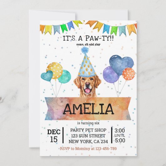 Invitation Pawty Golden Retriever Chien Chiot Chiot Anniversa (Devant)