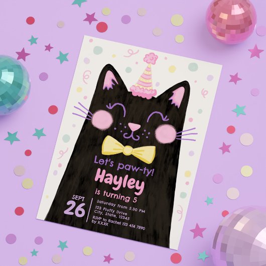 Invitation Pawty Kitty Black Cat Face Anniversaire