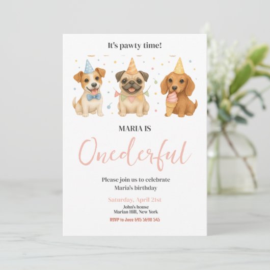 Invitation Pawty Time Chien Chien Chien Coquelicot ONE derful (Debout devant)