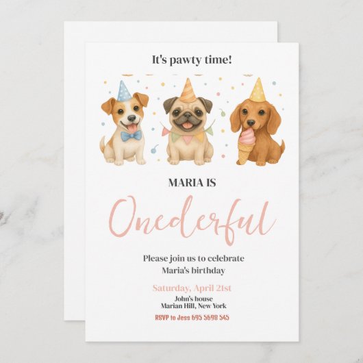 Invitation Pawty Time Chien Chien Chien Coquelicot ONE derful (Devant / Derrière)