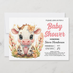 Invitation Pays Aquarelle Girl Baby shower de vache