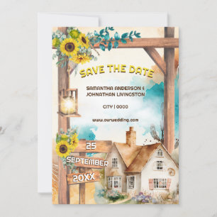 Invitation Pays aquarelle maison tournesol arche rustique