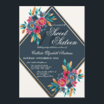 Invitation Pays Automne Bleu Aquarelle Or Fleurs Douces 16<br><div class="desc">Cette invitation à la fête d'anniversaire en sweet sixteen, élégante et artistique, est parfaite pour un événement élégant et branché. Il présente des fleurs d'automne et des feuilles peints à la main, rouge-fraise, jaune moutarde, vert émeraude, bleu marine et noir, sur une feuille d'or imitation double bordure diamant avec un...</div>