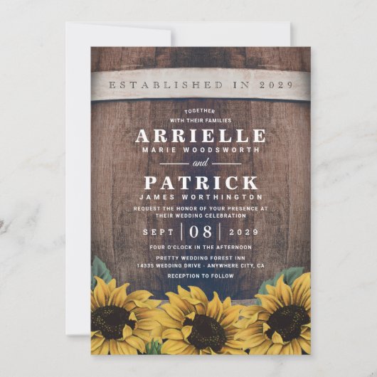 Invitation Pays Baril rustique Vintage Tournesol Mariage (Devant)
